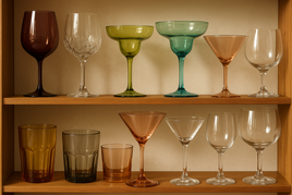 A shelf with a variety of stemware  - wine glasses, margarita glasses, old fashioned glasses, martini glassesin different colors